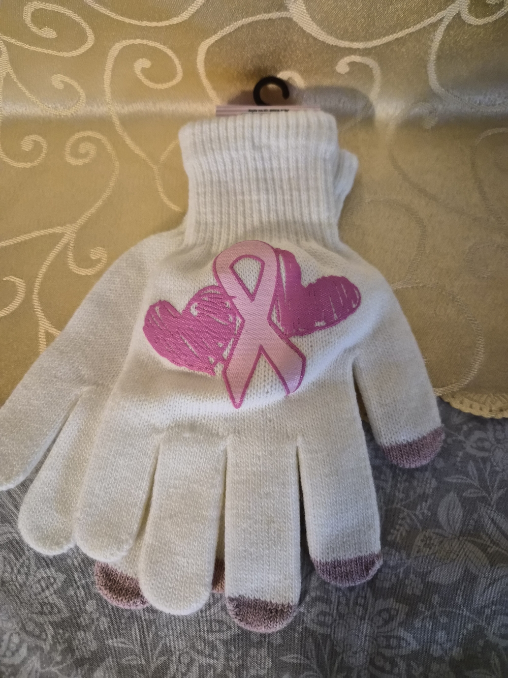 White Knit Gloves with Pink Ribbon Heart Design